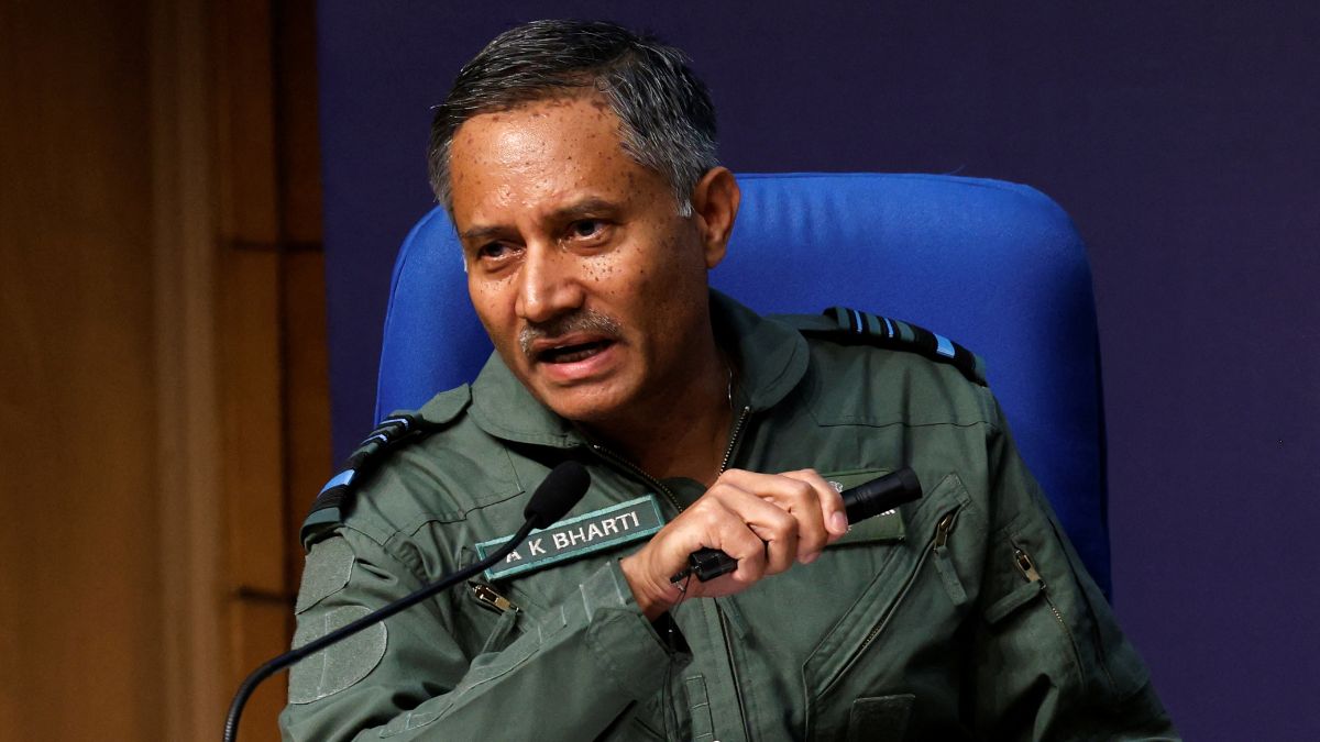 Air Marshal A.K. Bharti, Director General of Operations, Indian Air Force, addresses a press conference on India’s Operation Sindoor. Image: Reuters
Air Marshal A.K. Bharti, Director General of Operations, Indian Air Force, addresses a press conference on India’s Operation Sindoor. Image: Reuters