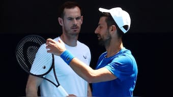 Novak Djokovic with coach Andy Murray during a practice session ahead of the Australian Open. Image: Reuters