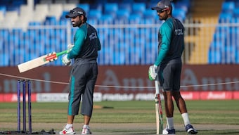 Babar Azam and Mohammad Rizwan during a training session for Pakistan. Image: AFP