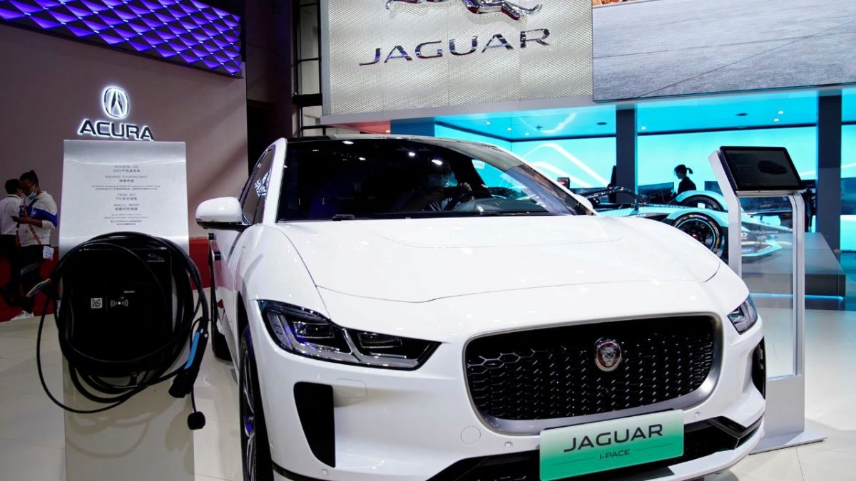 A Jaguar I-Pace electric vehicle (EV) is seen displayed at the Jaguar Land Rover booth during a media day for the Auto Shanghai show in Shanghai, China April 19, 2021. Source: Reuters A Jaguar I-Pace electric vehicle (EV) is seen displayed at the Jaguar Land Rover booth during a media day for the Auto Shanghai show in Shanghai, China April 19, 2021. Source: Reuters