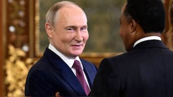 Russian President Vladimir Putin meets with President of the Republic of Congo Denis Sassou Nguesso at the Kremlin in Moscow on May 7. Source: AFP