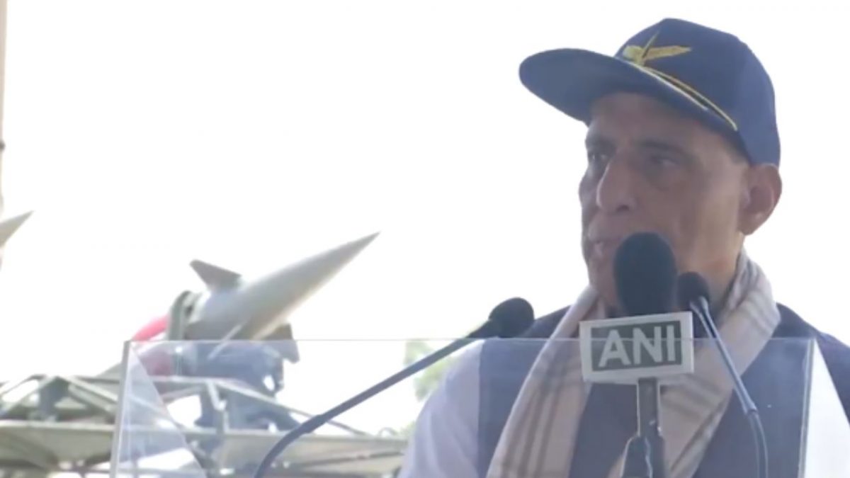 Indian defence minister speaks at Bhuj Air Base. Source: ANI Indian defence minister speaks at Bhuj Air Base. Source: ANI