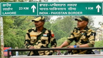 Indian Border Security Force personnel stand guard near the India-Pakistan Wagah border post. Tensions between India and Pakistan have been heating up following the Pahalgam attack on April 22. AFP