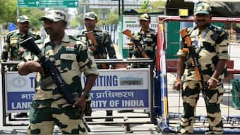 Indian Border Security Force (BSF) soldiers stand guard at the India-Pakistan Wagah border post on the outskirts of Amritsar. Tensions are running high between India and Pakistan after the deadly Pahalgam terror attack. AFP