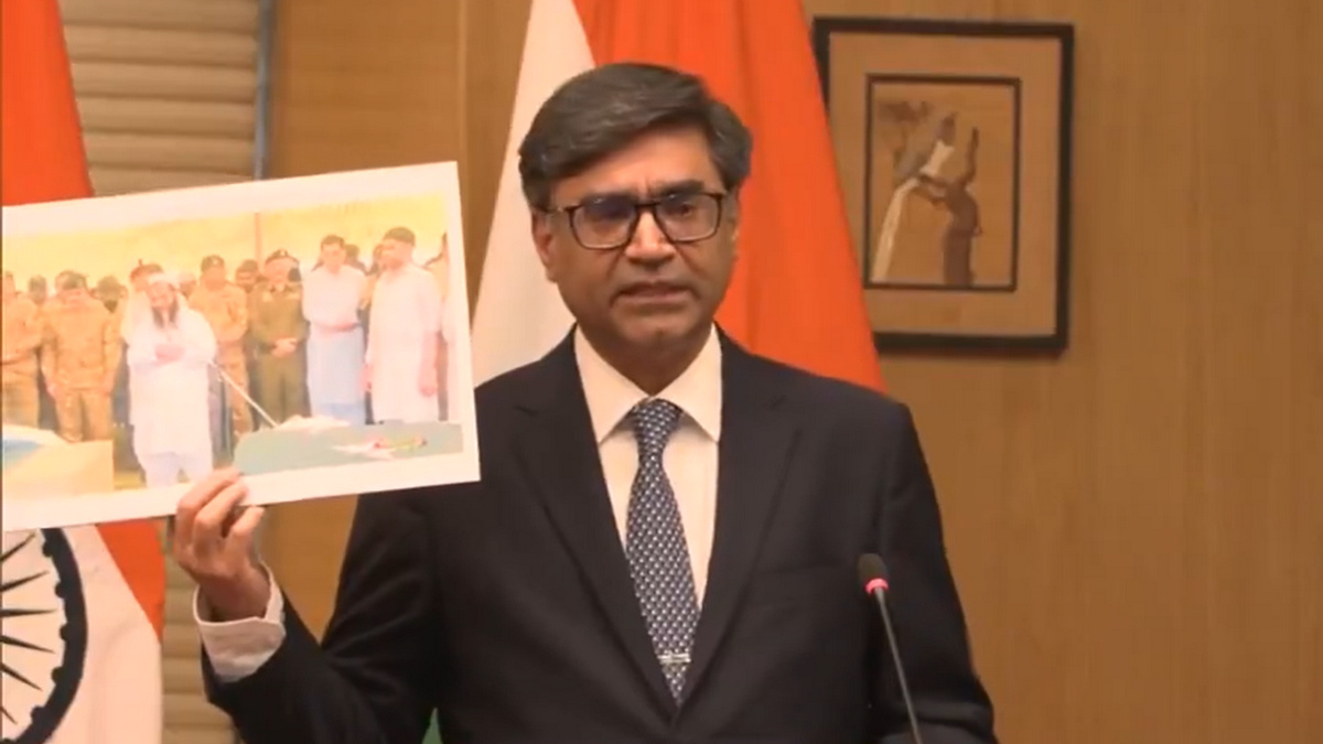 Foreign Secretary Vikram Misri displaying a picture of terrorist Hafiz Abdul Rauf and members of the Pakistani military at the funeral of terrorists killed during the Operation Sindoor strikes. ANI Foreign Secretary Vikram Misri displaying a picture of terrorist Hafiz Abdul Rauf and members of the Pakistani military at the funeral of terrorists killed during the Operation Sindoor strikes. ANI
