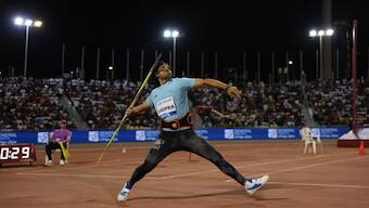 Neeraj Chopra takes a throw during the Doha Diamond League. Image: X/DiamondLeague