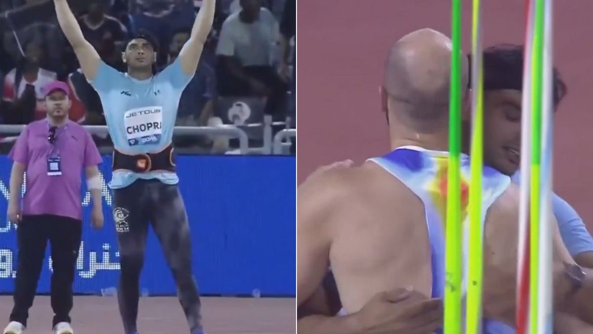 Neeraj Chopra registered his first-ever 90m throw at Doha Diamond League. Image: X/Doordarshan Neeraj Chopra registered his first-ever 90m throw at Doha Diamond League. Image: X/Doordarshan