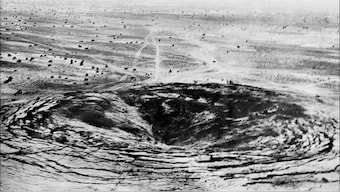 A crater marks the site of the first Indian underground nuclear test conducted 18 May 1974 at Pokhran in the desert state of Rajasthan. AFP