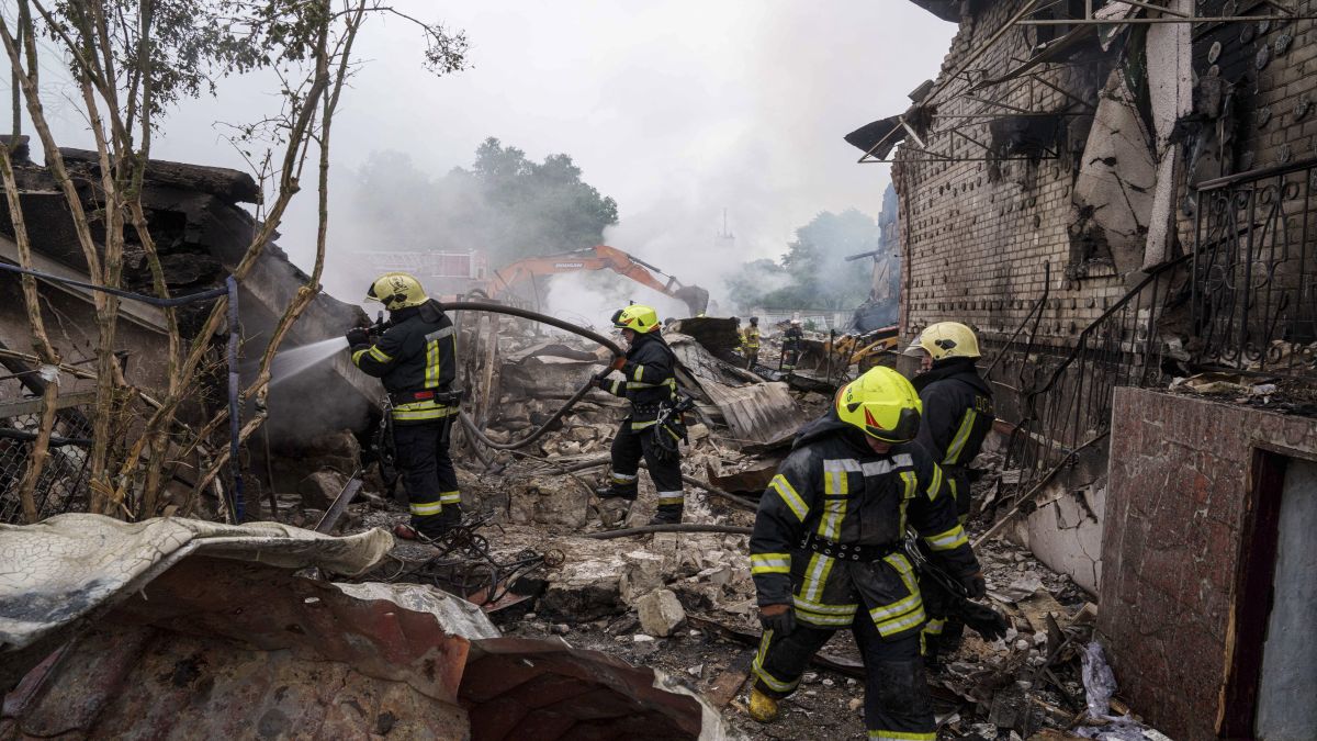 Rescue workers extinguish a fire of a house destroyed by a Russian strike in Markhalivka village, Kyiv region, Ukraine. AP file/Representative image Rescue workers extinguish a fire of a house destroyed by a Russian strike in Markhalivka village, Kyiv region, Ukraine. AP file/Representative image