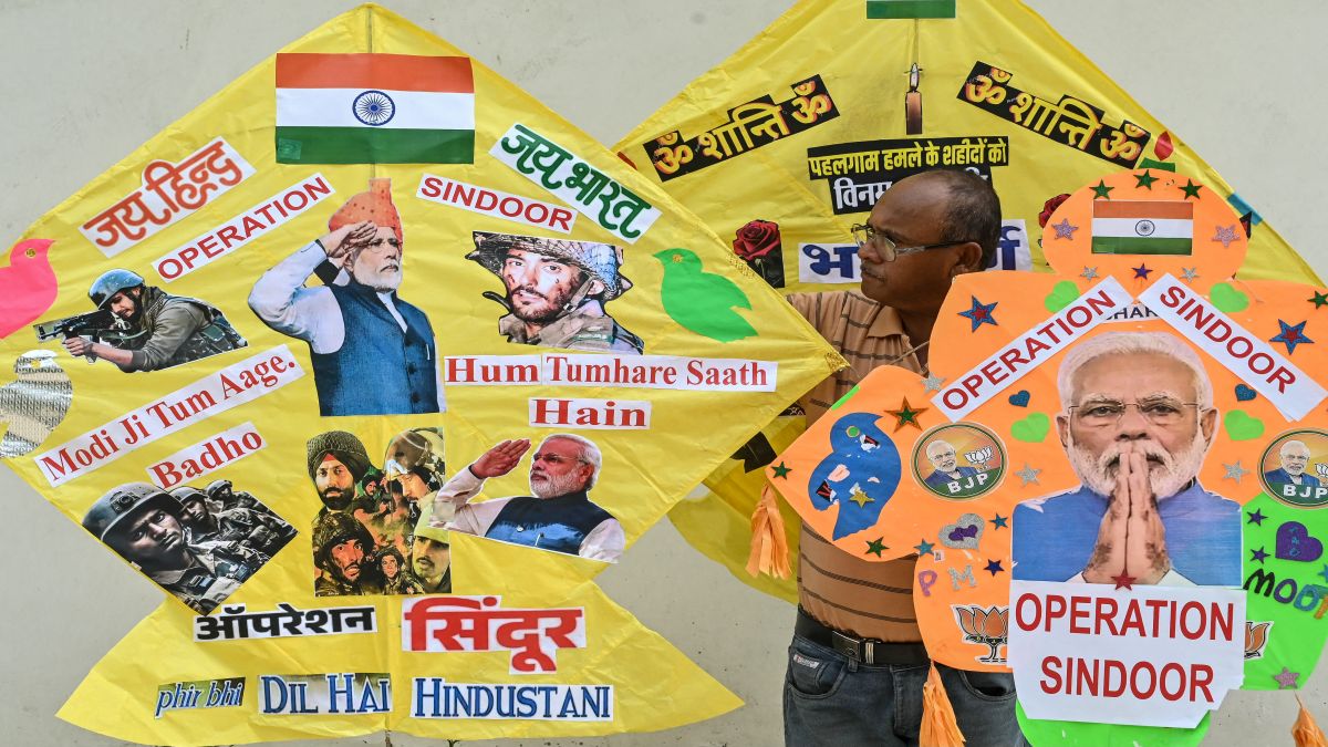 A kitemaker displays kites featuring Indian Prime Minister Narendra Modi and 'Operation Sindoor', India's military operation against Pakistan, in Amritsar. AFP A kitemaker displays kites featuring Indian Prime Minister Narendra Modi and 'Operation Sindoor', India's military operation against Pakistan, in Amritsar. AFP