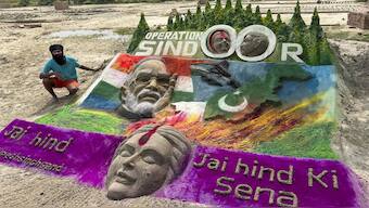 Sand artist Rupesh Singh creates a sand sculpture celebrating the Indian armed forces' missile strikes on terror targets in Pakistan and Pakistan-occupied Kashmir (PoK) under 'Operation Sindoor', in retaliation to the Pahalgam terror attack. Image: PTI
