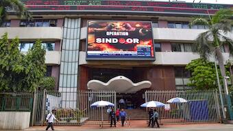 'Operation Sindoor' visual being displayed on a screen outside the Bombay Stock Exchange (BSE) building, in Mumbai. PTI