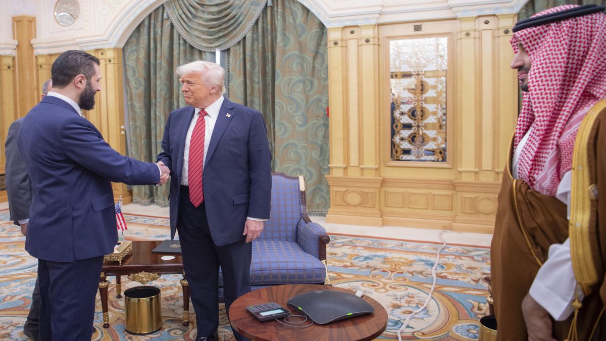 Interim Syrian President Ahmad al-Sharaa shakes hands with US President Donald Trump in Riyadh, Saudi Arabia in the presence of Saudi Crown Prince Mohammed bin Salman. AP Interim Syrian President Ahmad al-Sharaa shakes hands with US President Donald Trump in Riyadh, Saudi Arabia in the presence of Saudi Crown Prince Mohammed bin Salman. AP