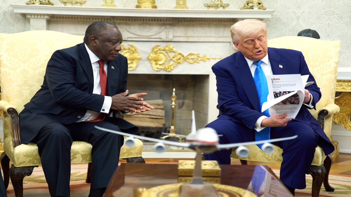 President Donald Trump confronts South Africa's President Cyril Ramaphosa in the Oval Office of the White House with printouts of White people being allegedly attacked in South Africa. AP President Donald Trump confronts South Africa's President Cyril Ramaphosa in the Oval Office of the White House with printouts of White people being allegedly attacked in South Africa. AP