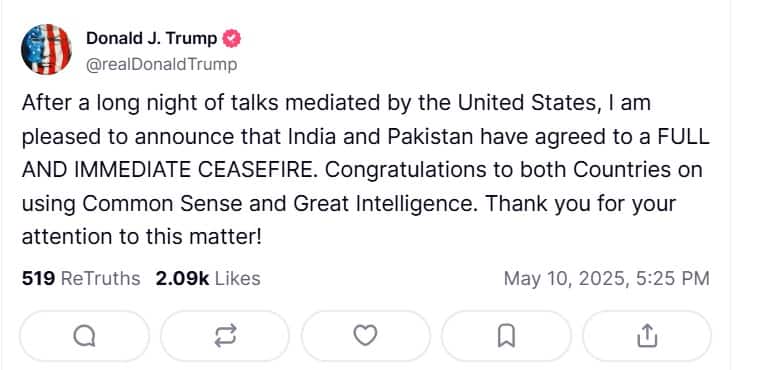 US President Donald Trump announces ceasefire between India and Pakistan on TruthSocial