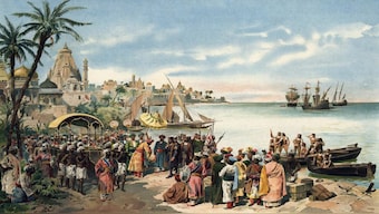 A painting by Alfredo Roque Gameiro showing the arrival of the Portuguese navigator Vasco da Gama (c. 1469-1525) at Calicut in India.