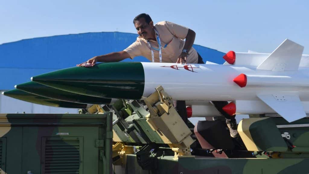 A staff cleans Akash, a medium-range mobile surface-to-air missile defense system developed by the Defence Research and Development Organisation (DRDO). India currently uses the Akash Air defence system, SPYDER air defence system, Barak-8 MK-SAM, Igla-S, 9K33 Osa AK, 2K12 Kub and QRSAM. AFP