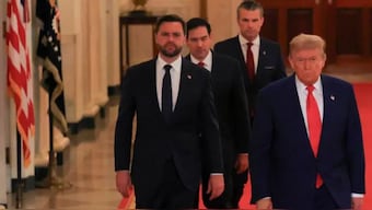 Trump is flanked by Vice President JD Vance, Secretary of State Marco Rubio and Secretary of Defence Pete Hegseth. Reuters