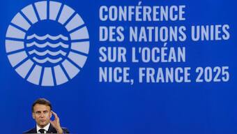 French President Emmanuel Macron delivers remarks during a meeting at Nice conference centre ahead of the third United Nations Ocean Conference (UNOC3), which gathers leaders, researchers and activists to discuss how to protect marine life, in Nice, France. Reuters