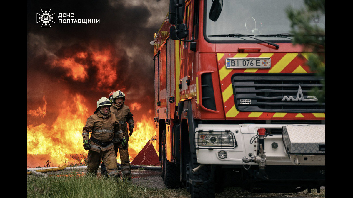 This handout photograph taken and released by the State Emergency Service of Ukraine on June 21, 2025, shows firefighters extinguishing a fire following a Russian night strike in the Kremenchuk district of the Poltava region. AFP Photo This handout photograph taken and released by the State Emergency Service of Ukraine on June 21, 2025, shows firefighters extinguishing a fire following a Russian night strike in the Kremenchuk district of the Poltava region. AFP Photo