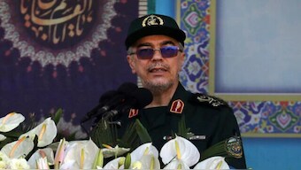 File: Chief of the General Staff of Iran's Armed Forces Gen. Mohammad Hossein Bagheri addresses a military parade commemorating the anniversary of the start of the 1980-88 Iraq-Iran War, in front of the shrine of the late supreme leader Ayatollah Ruhollah Khomeini, just outside Tehran, Iran, September 22, 2022. AP