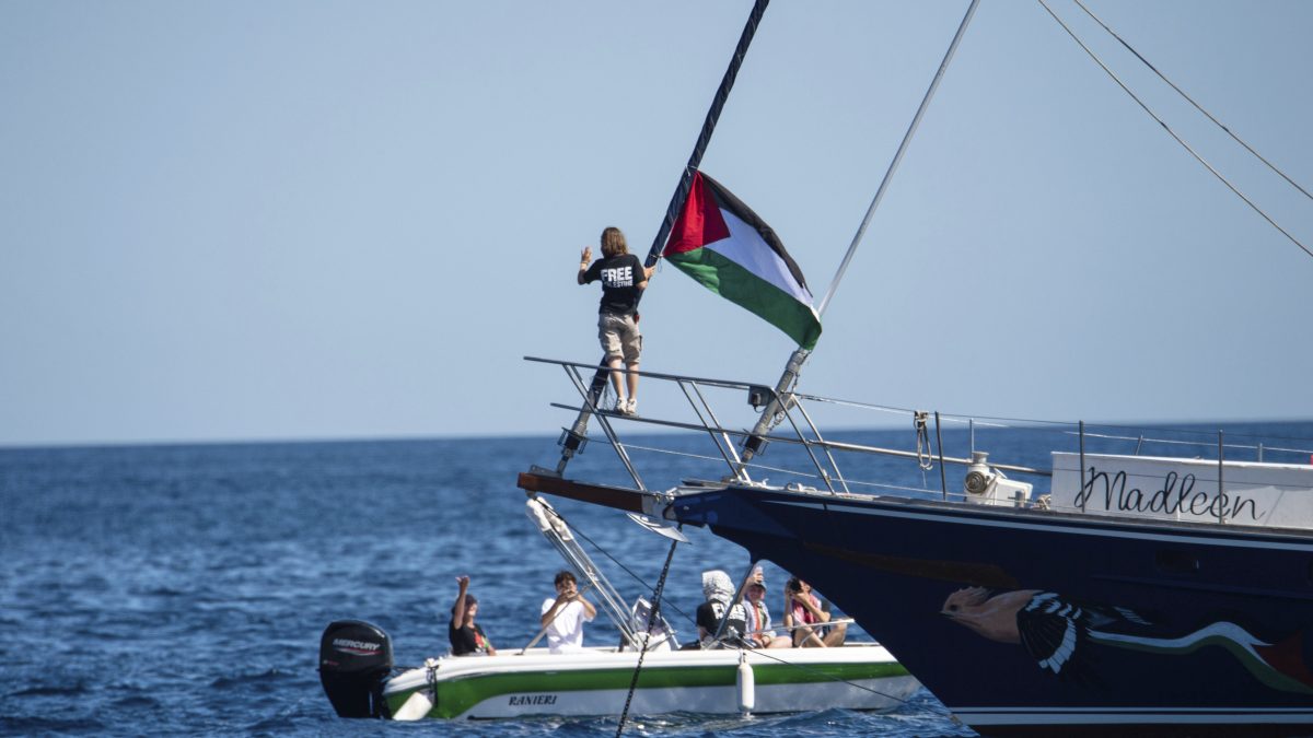 Climate activist Greta Thunberg stands near a Palestinian flag after boarding the Madleen boat and before setting sail for Gaza along with activists of the Freedom Flotilla Coalition, departing from the Sicilian port of Catania, Italy. AP Climate activist Greta Thunberg stands near a Palestinian flag after boarding the Madleen boat and before setting sail for Gaza along with activists of the Freedom Flotilla Coalition, departing from the Sicilian port of Catania, Italy. AP