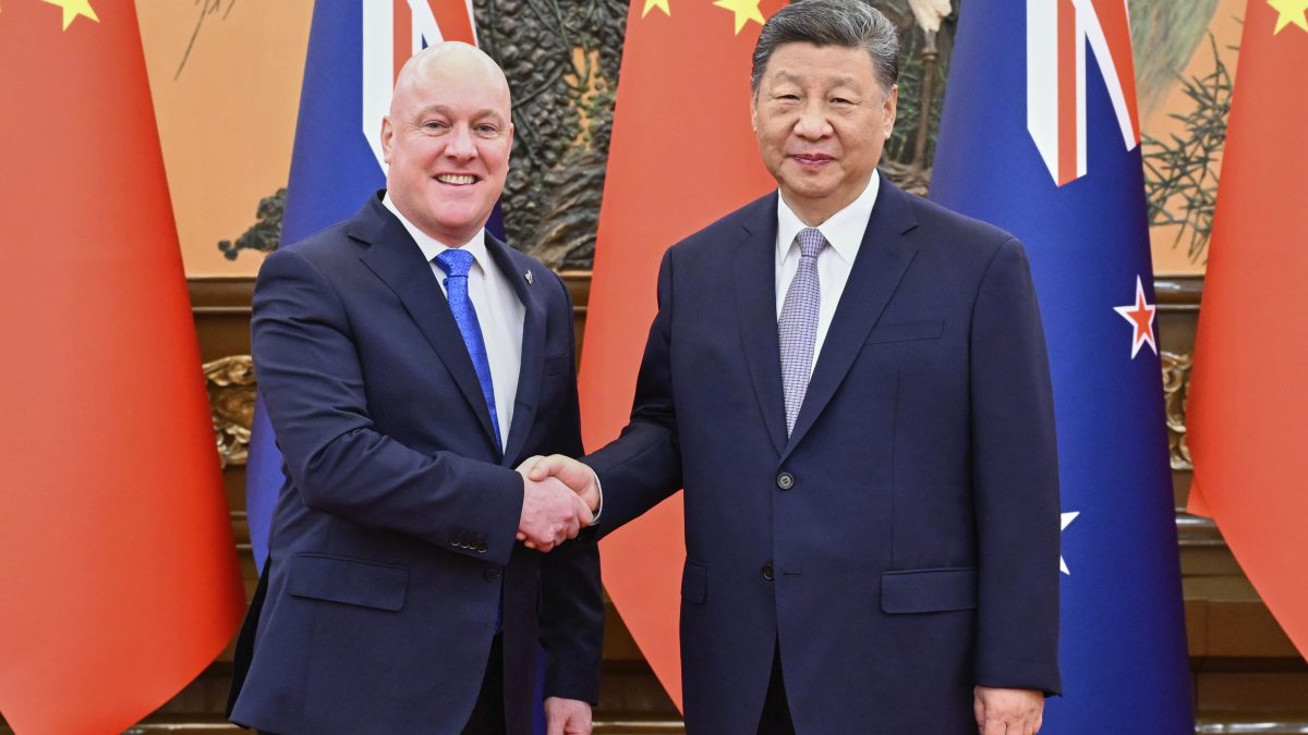 In this photo released by Xinhua News Agency, visiting New Zealand's Prime Minister Christopher Luxon, left shakes hands with Chinese President Xi Jinping prior to their bilateral meeting in Beijing, Friday, June 20, 2025. (Shen Hong/Xinhua via AP) In this photo released by Xinhua News Agency, visiting New Zealand's Prime Minister Christopher Luxon, left shakes hands with Chinese President Xi Jinping prior to their bilateral meeting in Beijing, Friday, June 20, 2025. (Shen Hong/Xinhua via AP)