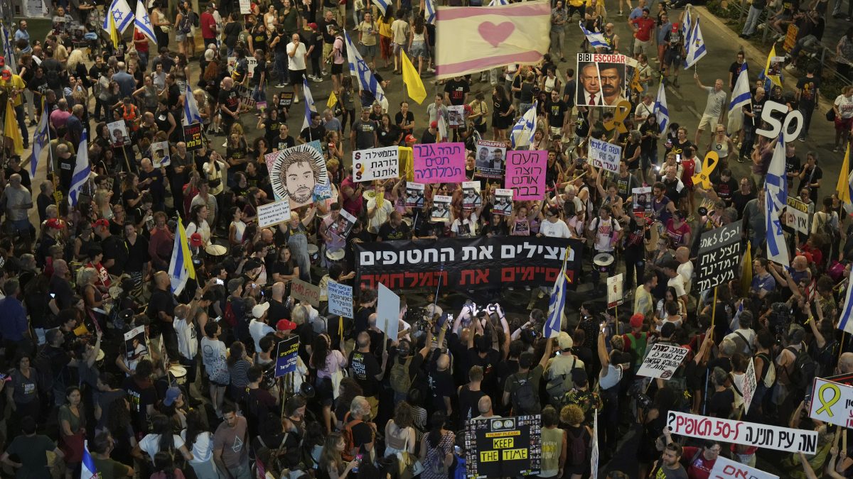 People take part in a protest demanding the end of the war and immediate release of hostages held by Hamas in the Gaza Strip, and against Prime Minister Benjamin Netanyahu's government in Tel Aviv, Israel. AP People take part in a protest demanding the end of the war and immediate release of hostages held by Hamas in the Gaza Strip, and against Prime Minister Benjamin Netanyahu's government in Tel Aviv, Israel. AP