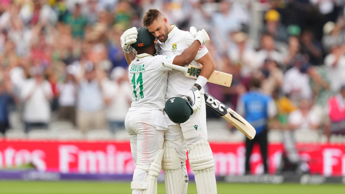South African opener Aiden Markram embraces captain Temba Bavuma after completing his century on Day 3 of the ICC World Test Championship final against Australia at Lord's. AP South African opener Aiden Markram embraces captain Temba Bavuma after completing his century on Day 3 of the ICC World Test Championship final against Australia at Lord's. AP