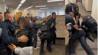 US Senator Alex Padilla (D-CA) is held down on the floor before being handcuffed by security officers after he attempted to ask a question during US Homeland Security Secretary Kristi Noem's press conference, in Los Angeles, California, US, June 12, 2025, in this still image obtained from a video. Office of the Senator Alex Padilla via Reuters
