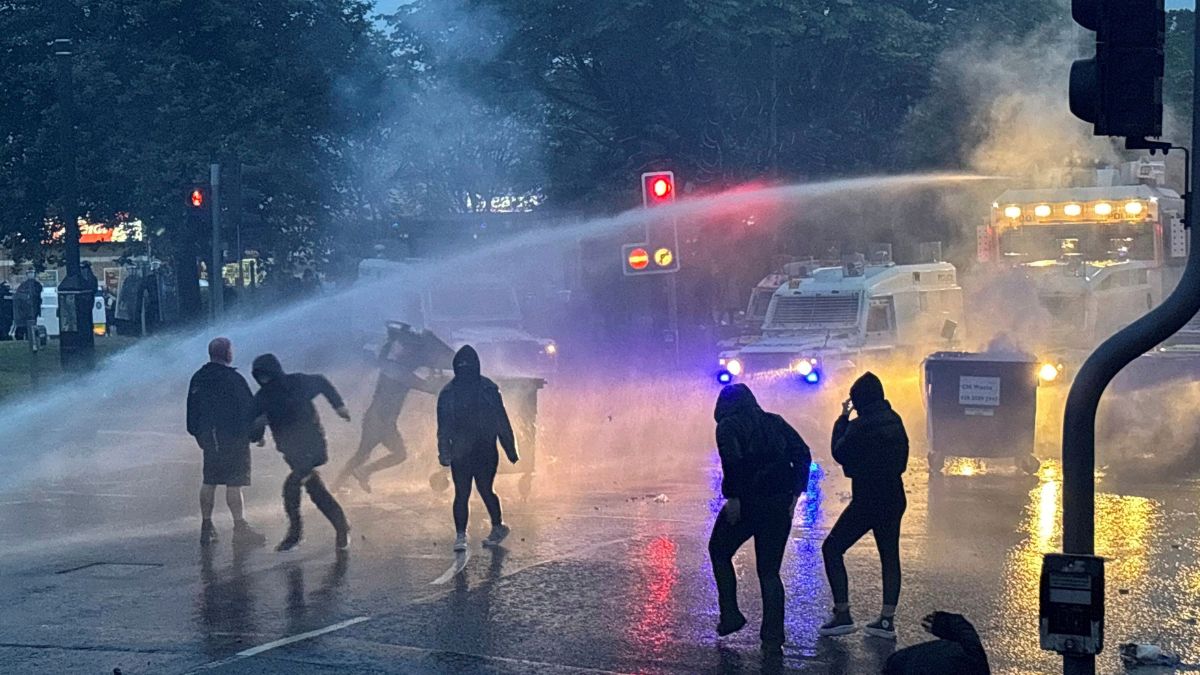 police use a water cannon near Clonavon Terrace, Ballymena, as people take part in a protest over an alleged sexual assault in the Co Antrim town. Ballymena, Tuesday June 10, 2025. AP police use a water cannon near Clonavon Terrace, Ballymena, as people take part in a protest over an alleged sexual assault in the Co Antrim town. Ballymena, Tuesday June 10, 2025. AP