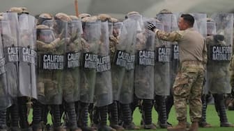 Members of the California National Guard conduct exercises after being deployed to the Los Angeles protests on Wednesday, June 11, 2025. Image: Jae C Hong/AP