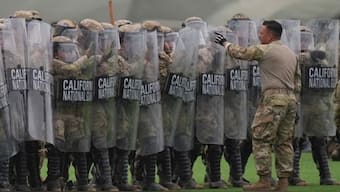Members of the California National Guard conduct exercises after being deployed to the Los Angeles protests on Wednesday, June 11, 2025. Image: Jae C Hong/AP