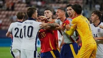 English and Spanish players fight at the end of their U-21 Euro quarter-final at the Anton Malatinsky Stadium, in Trnava, Slovakia on Saturday, 21 June. AP