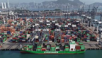 A drone view shows an Evergreen Marine container ship at a port in Kwai Chung, Hong Kong, China. (Photo: Reuters)