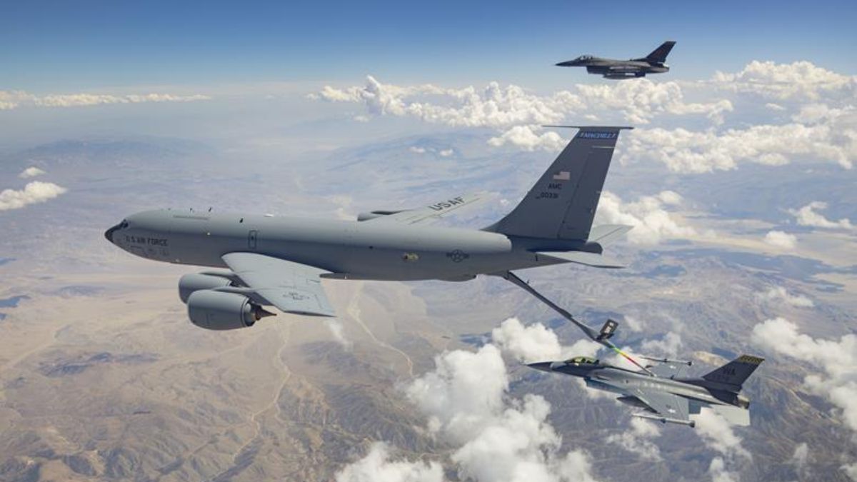 The undated photograph shows US Air Force's KC-135 aerial refuelling tanker along with two fighter planes. (Photo: US Air Force) The undated photograph shows US Air Force's KC-135 aerial refuelling tanker along with two fighter planes. (Photo: US Air Force)