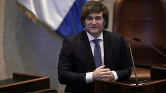 Argentina's President Javier Milei addresses lawmakers in the Knesset, Israel's parliament, in Jerusalem, Wednesday, June 11, 2025. (AP Photo/Ohad Zwigenberg)