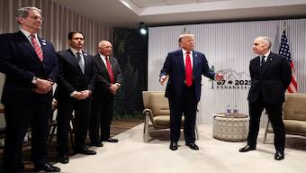 US Treasury Secretary Scott Bessent, Secretary of State Marco Rubio and US Ambassador to Canada Pete Hoekstra attend a meeting between US President Donald Trump and Canadian Prime Minister Mark Carney, at the G7 summit in Kananaskis, Alberta, Canada, on Monday. Reuters