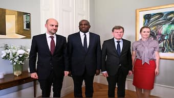 France's Minister for Europe and Foreign Affairs Jean-Noel Barrot, Britain's Foreign Secretary David Lammy, Germany's Foreign Minister Johann Wadephul and European Union High Representative for Foreign Affairs and Security Policy, Kaja Kallas, pose for photographs in the offices of the honorary Consul of the Federal Republic of Germany in Geneva, Switzerland, on Friday. Reuters