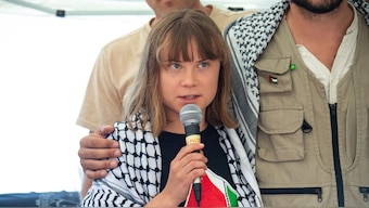 Climate activist Greta Thunberg with other activists from a human rights organisation meets with journalists in Catania, Italy, June 1, 2025, ahead of their departure. File Image/AP