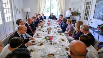 French Minister for Europe and Foreign Affairs Jean-Noel Barrot, British Foreign Secretary David Lammy, German Foreign Minister Johann Wadephul and European Union High Representative for Foreign Affairs and Security Policy, Kaja Kallas, talk over lunch at the offices of the honorary Consul of the Federal Republic of Germany in Geneva, Switzerland during a meeting of European foreign ministers on Friday. Reuters