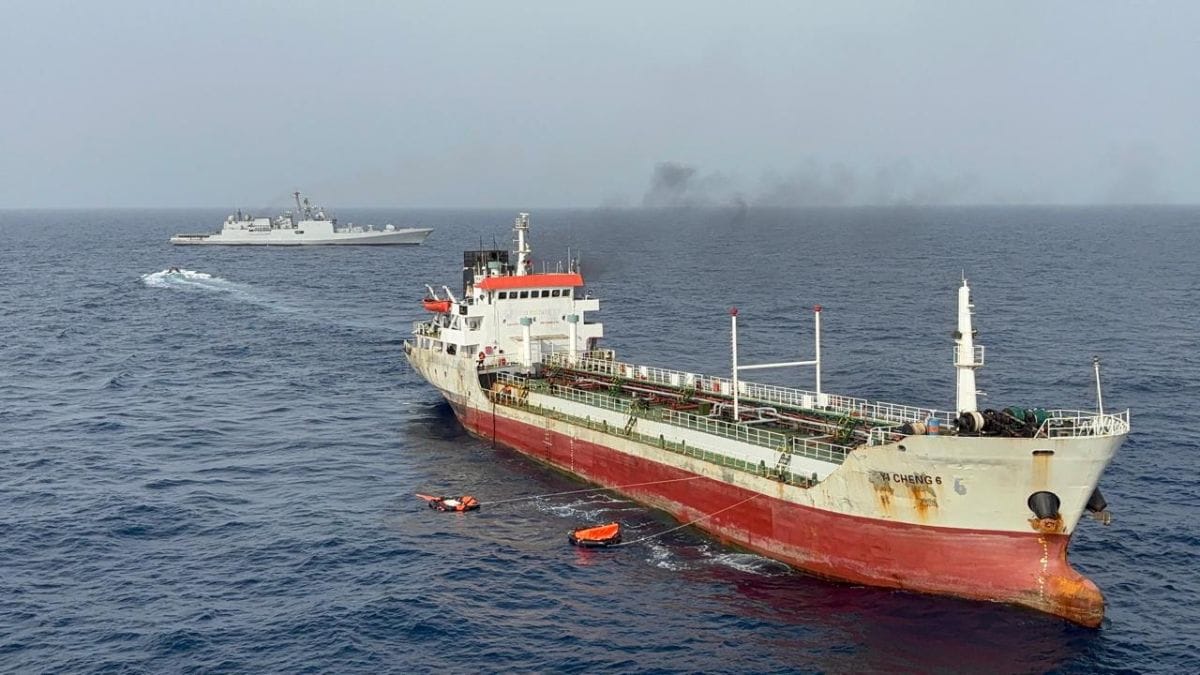 Oman-bound ship on fire, Indian Navy rescues 14 crew members after distress call | Pics