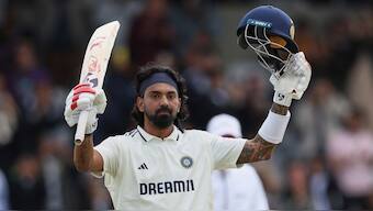 India opener KL Rahul celebrates after completing his century on Day 4 of the first Test against England in Headingley. AP