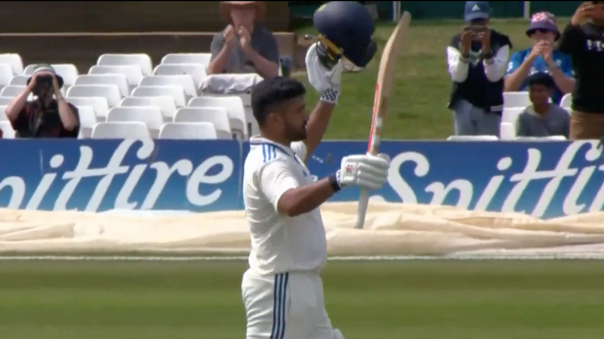 Karun Nair raises his bat in celebration after completing his double-century on Day 2 of the first unofficial Test against England Lions in Canterbury. Image credit: Screengrab/SonyLIV Karun Nair raises his bat in celebration after completing his double-century on Day 2 of the first unofficial Test against England Lions in Canterbury. Image credit: Screengrab/SonyLIV