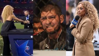 UFC legend Khabib Nurmagomedov declined to shake hands with presenter Kate Abdo during live broadcast. Images: X/Reuters
