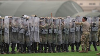 Members of the California National Guard conduct exercises after being deployed to the Los Angeles protests in Los Alamitos, Calif. on Wednesday. AP