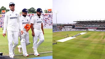 Weather forecast says there's high chances rain will interrupt Day 5 during India vs England first Test at Headingley on Tuesday. Images: Reuters
