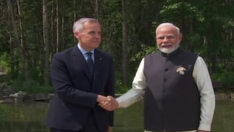 Canadian Prime Minister Mark Carney with Prime Minister Narendra Modi upon his arrival at the G7 Summit venue in Kananaskis, Alberta. ANI