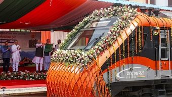 Prime Minister Narendra Modi flags off the Vande Bharat Express to inaugurate the Katra-Srinagar Vande Bharat service, at Shri Mata Vaishno Devi station, in Katra, Jammu and Kashmir. PTI
