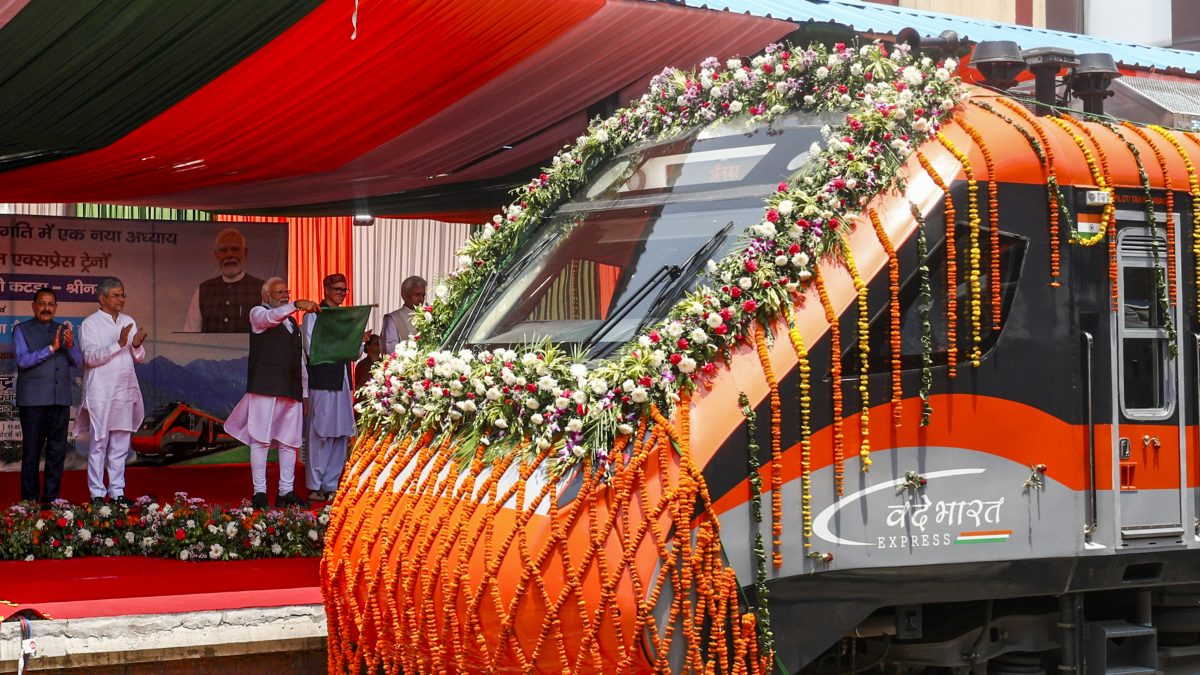 Prime Minister Narendra Modi flags off the Vande Bharat Express to inaugurate the Katra-Srinagar Vande Bharat service, at Shri Mata Vaishno Devi station, in Katra, Jammu and Kashmir. PTI Prime Minister Narendra Modi flags off the Vande Bharat Express to inaugurate the Katra-Srinagar Vande Bharat service, at Shri Mata Vaishno Devi station, in Katra, Jammu and Kashmir. PTI